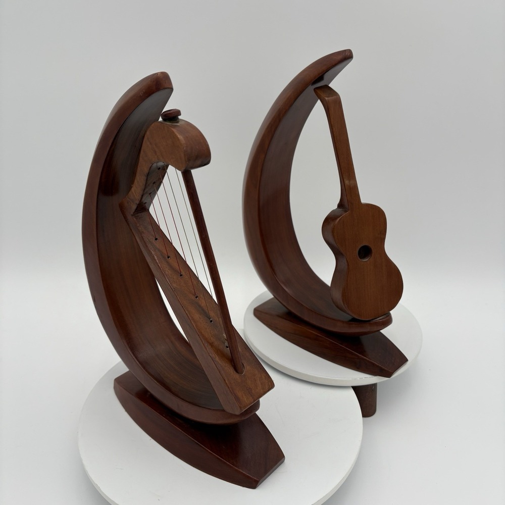 Carved Wooden MCM Musical Bookends Guitar & Harp‎ Vintage